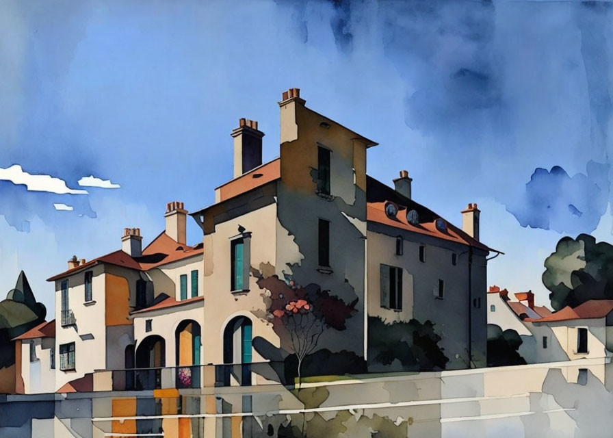 Charming Watercolor Illustration: European-style Houses & Blue Sky