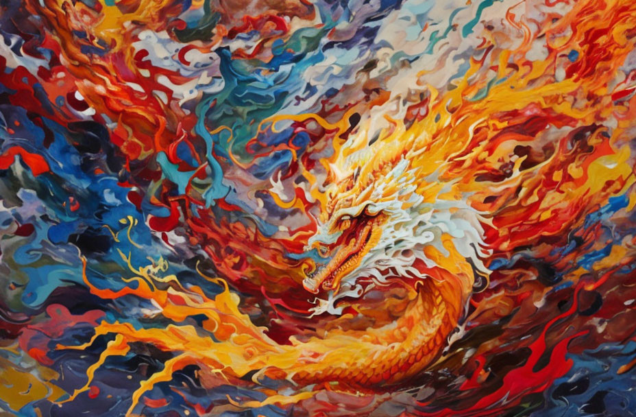 Colorful painting: Golden dragon in fiery whirlpool