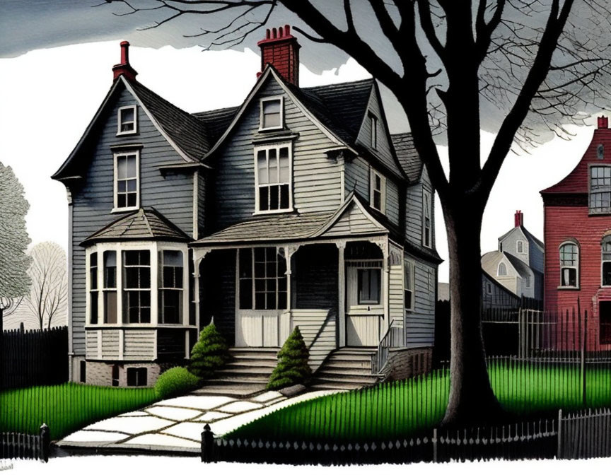 Stylized two-story Victorian house with front porch and leafless tree in dark tones.