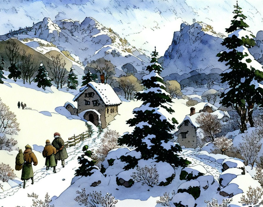 Winter scene: Three figures walking towards cottages in snowy landscape.