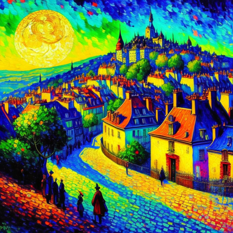 Colorful expressionist painting: Town at dusk with full moon, houses, figures, & castle.