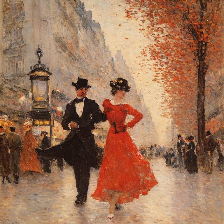 Man and Woman in Formal Attire Promenading on Leaf-Strewn Street