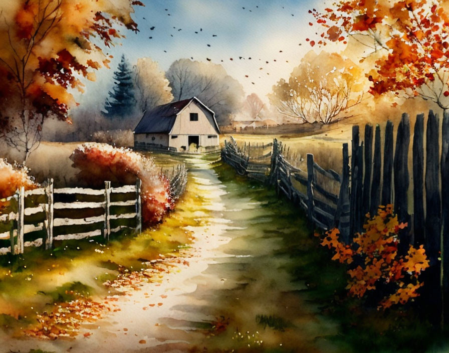 Autumn scene watercolor painting with rustic house, fence, and trees