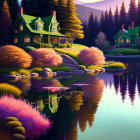 Serene lakeside scene with colorful houses and lush trees