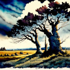 Colorful watercolor painting of a tree, house, and fields under a surreal sky