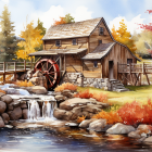 Rustic mill with waterwheels near waterfall in autumn landscape