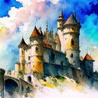 Fantastical castle watercolor illustration with towers and turrets