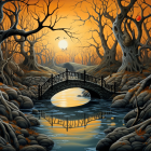 Mystical forest painting: Stone bridge, river, bird