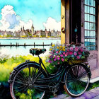 Colorful Vintage Bicycle Illustration by Open Window with River View