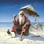 Elderly man in Santa Claus outfit on beach bench with bird and drink