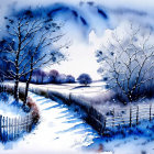 Snowy Path Landscape with Bare Trees and Wooden Fence