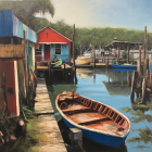 Serene dockside scene with blue house and moored boats