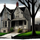 Stylized two-story Victorian house with front porch and leafless tree in dark tones.