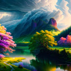 Colorful Trees & Storm Clouds in Serene Landscape