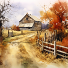 Autumn barn surrounded by fall trees and wooden fence