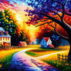 Colorful rural scene with vibrant trees, setting sun, and quaint houses