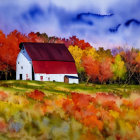 White Barn with Red Roof Surrounded by Autumn Trees in Watercolor