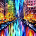 Colorful Watercolor Cityscape: Night Scene with Illuminated Streets and Canal