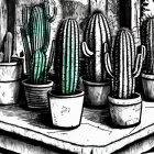 Colorful Stylized Cacti in Pots on White Brick Ledge