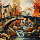 Colorful Stylized Landscape with Bridge, Stream, Autumn Trees, and House