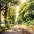 Sunlit forest path watercolor painting with dappled light and shadow