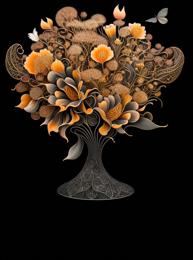 Detailed Floral Tree Art with Orange, Yellow, & White Hues