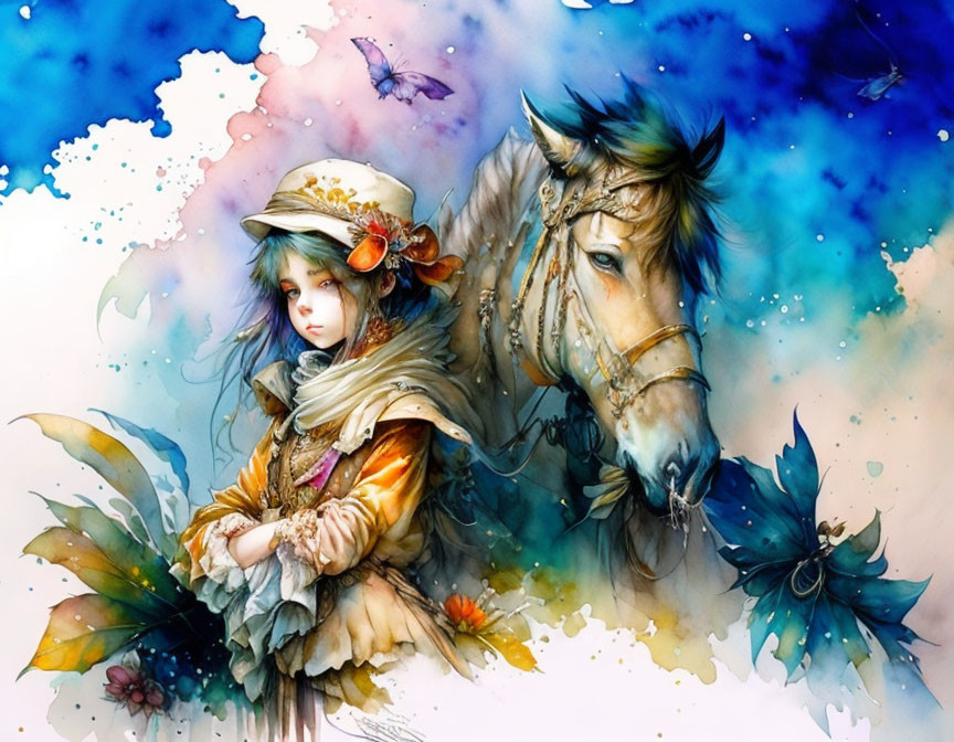 Watercolor illustration of girl in vintage clothing with flower-adorned hat holding blue blossom beside horse among