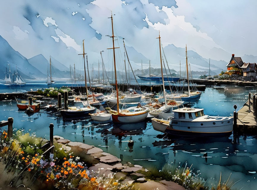 Tranquil harbor scene with sailboats, flowers, mountains, and blue sky