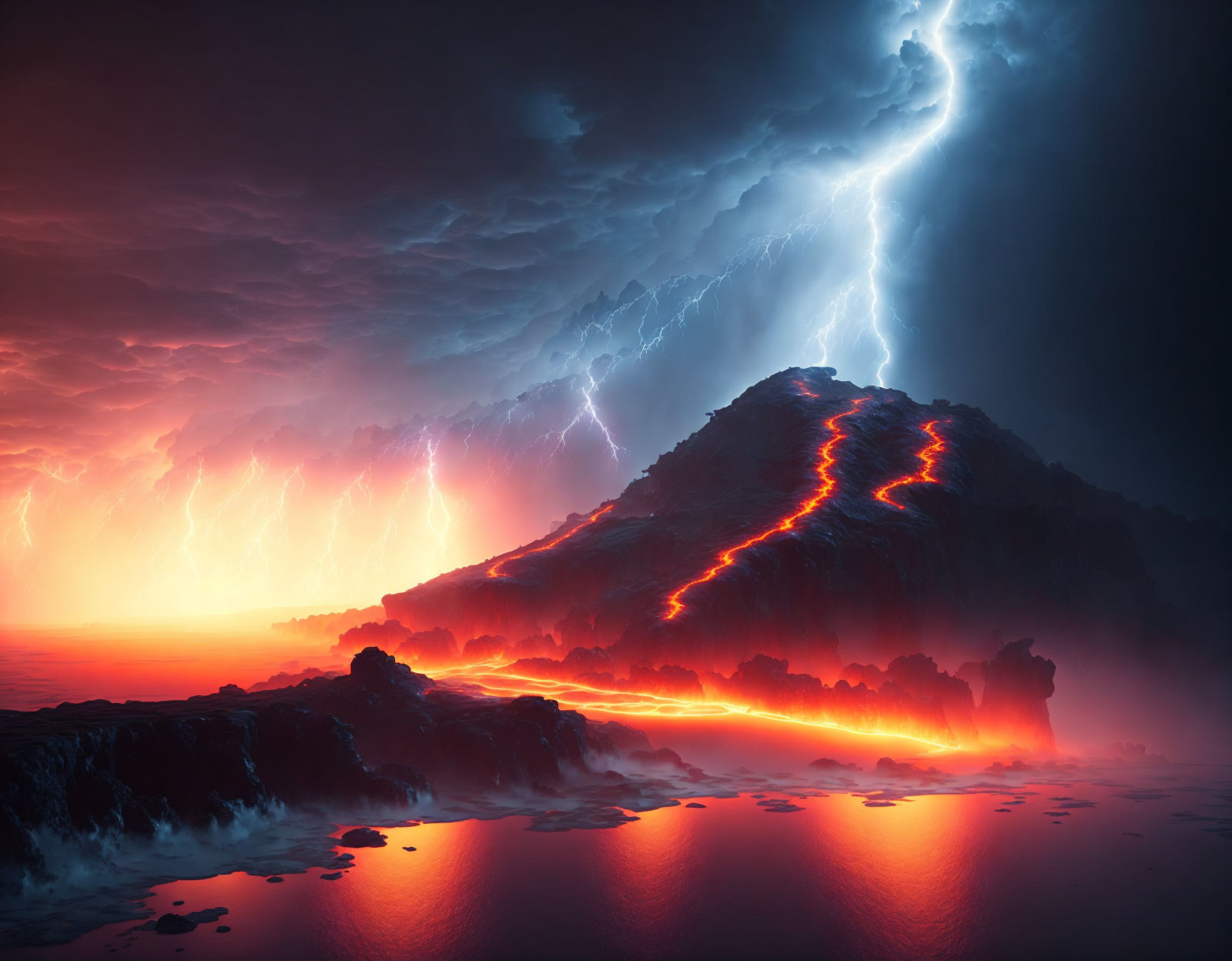 Nighttime volcanic eruption with vibrant lava flows under stormy sky and lightning.