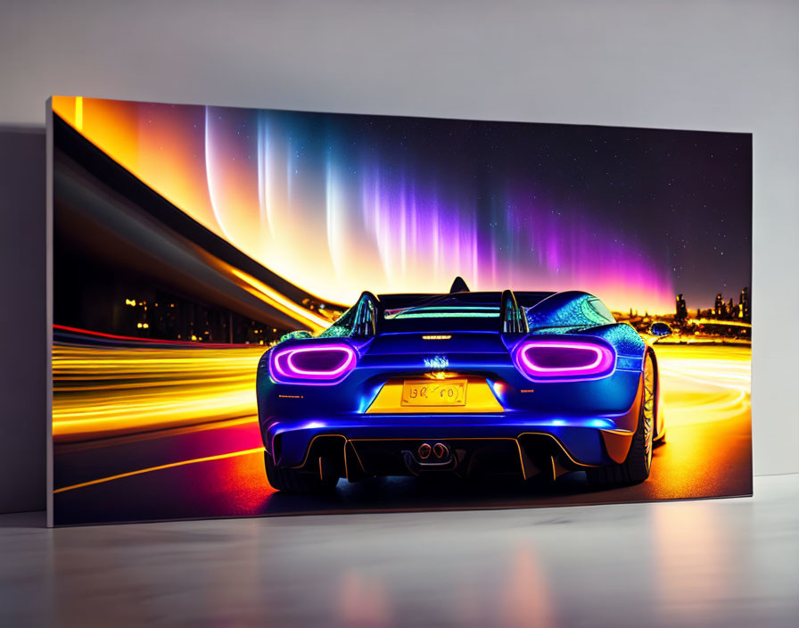 Blue sports car poster featuring illuminated taillights under aurora-filled night sky