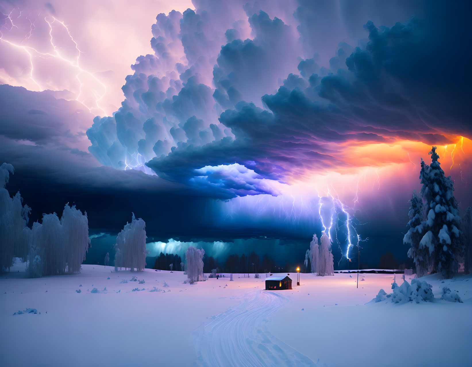 Snowy Night Landscape with Lightning Storm and Cabin