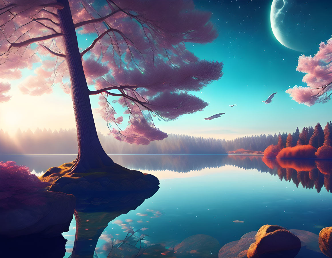 Surreal lake scene with pink clouds, crescent moon, trees, and birds