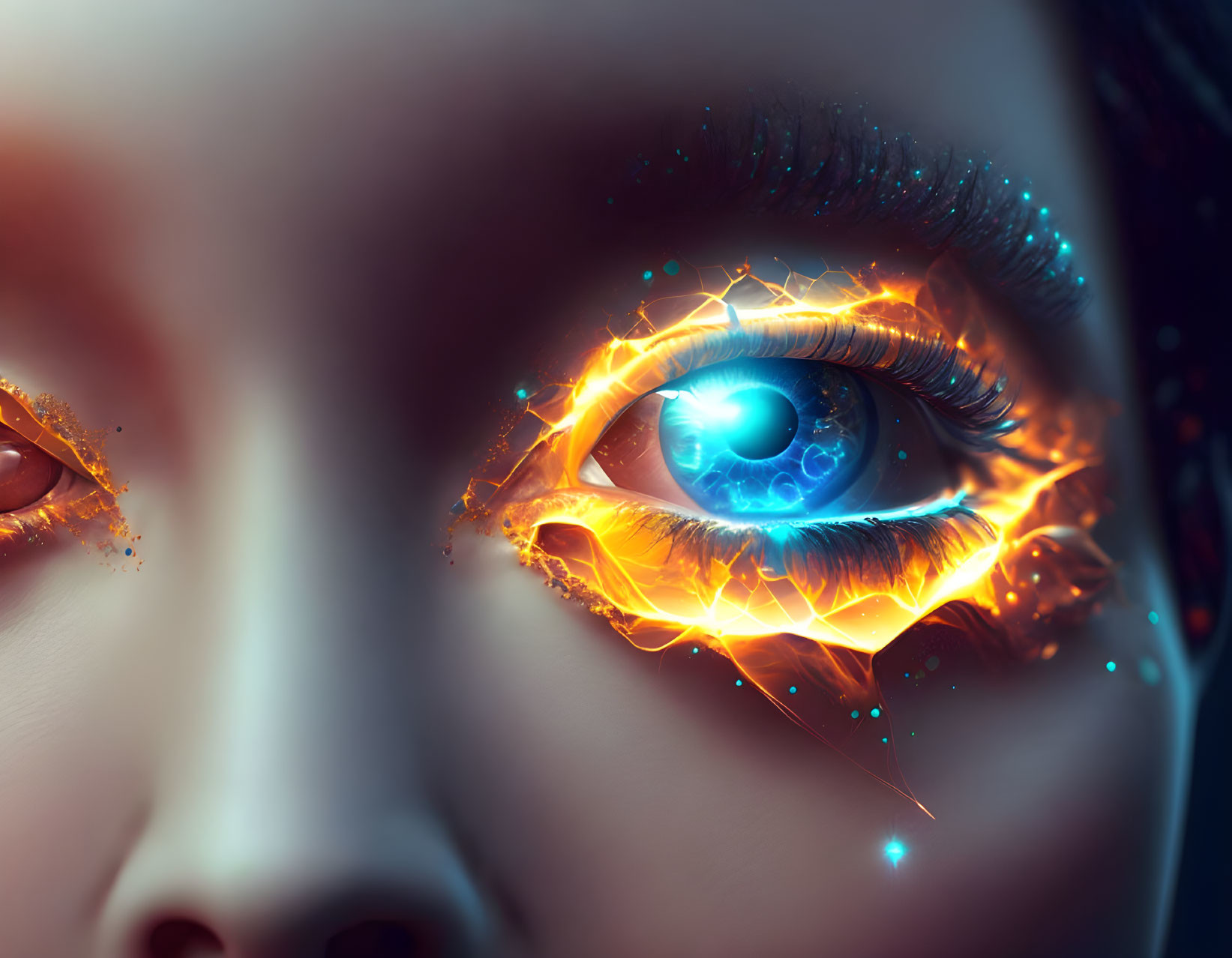 Digitally enhanced eye with fiery orange and blue hues and sparkles.