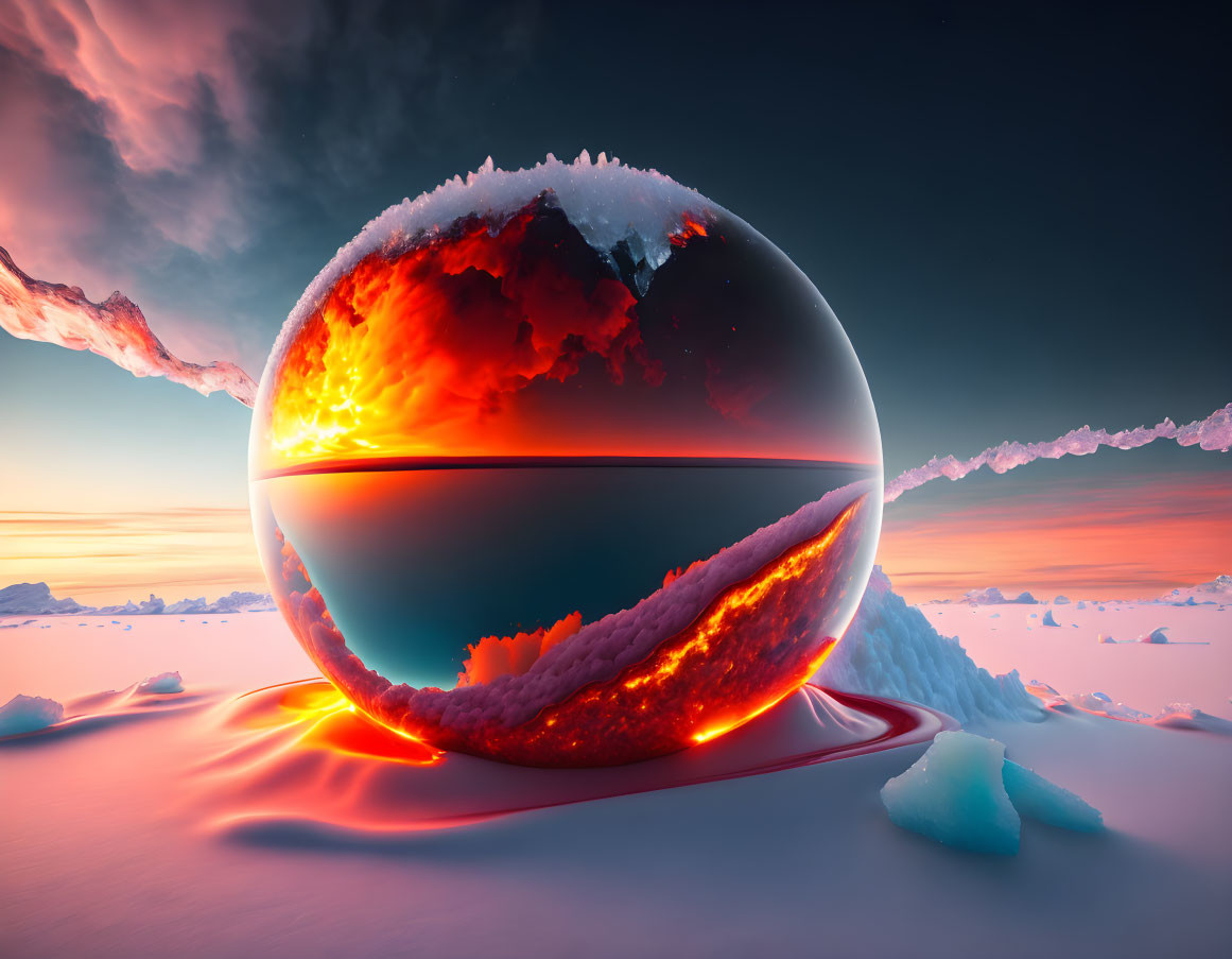 Surreal scene: reflective sphere, lava, ice, dramatic sky