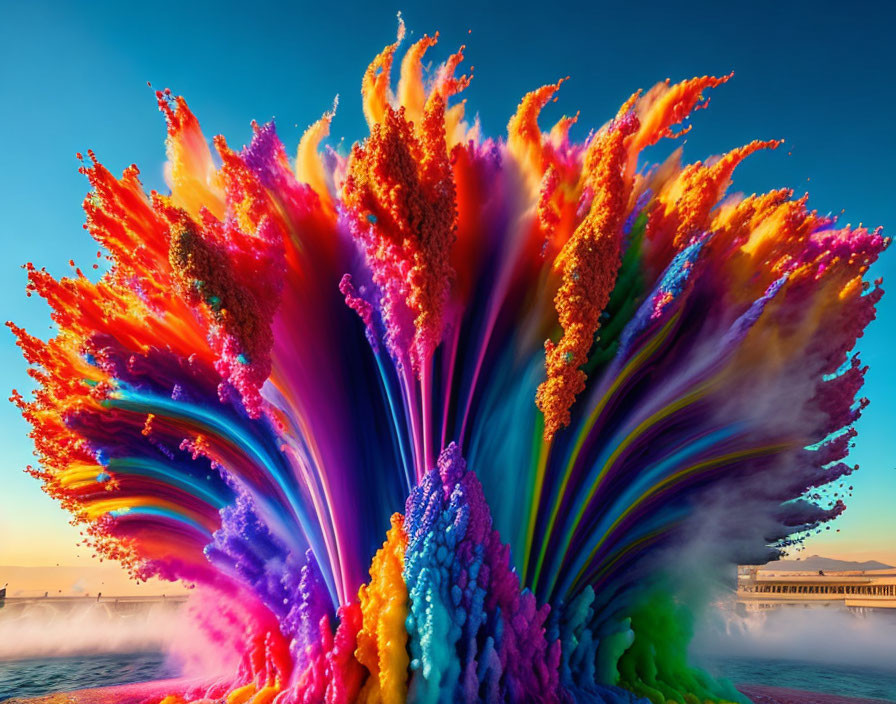 Vibrant explosion of colors resembling a flower against a sunset sky