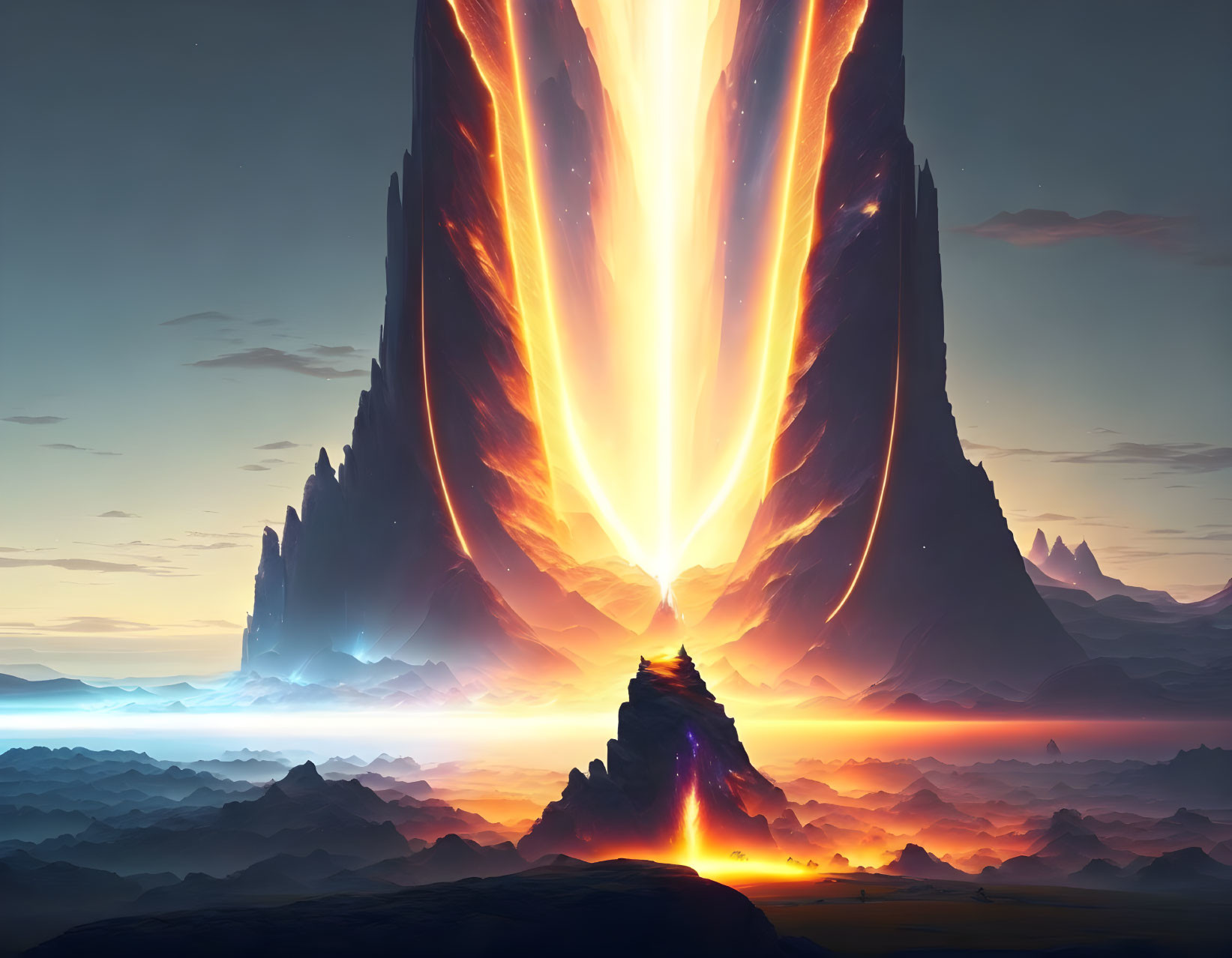 Sci-Fi Landscape with Towering Glowing Crystal Structure