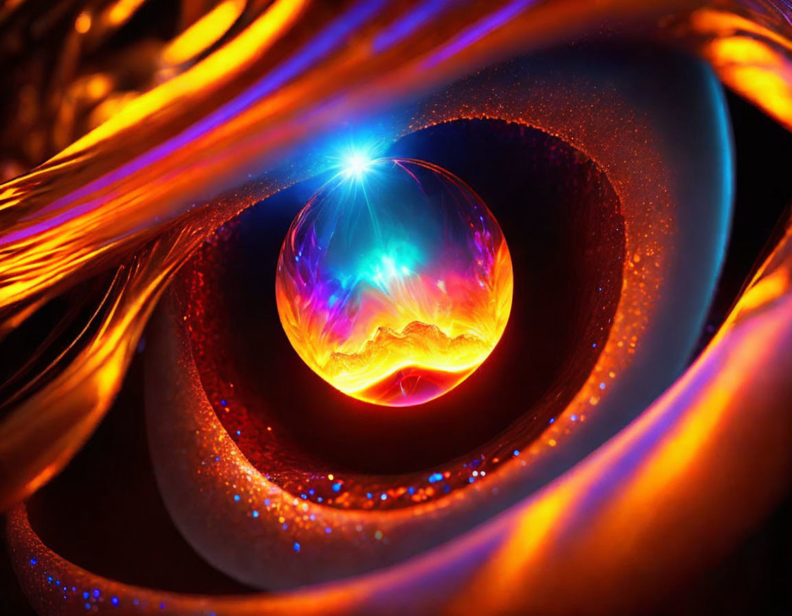 Glowing orb with fiery landscape in warm, golden spiral