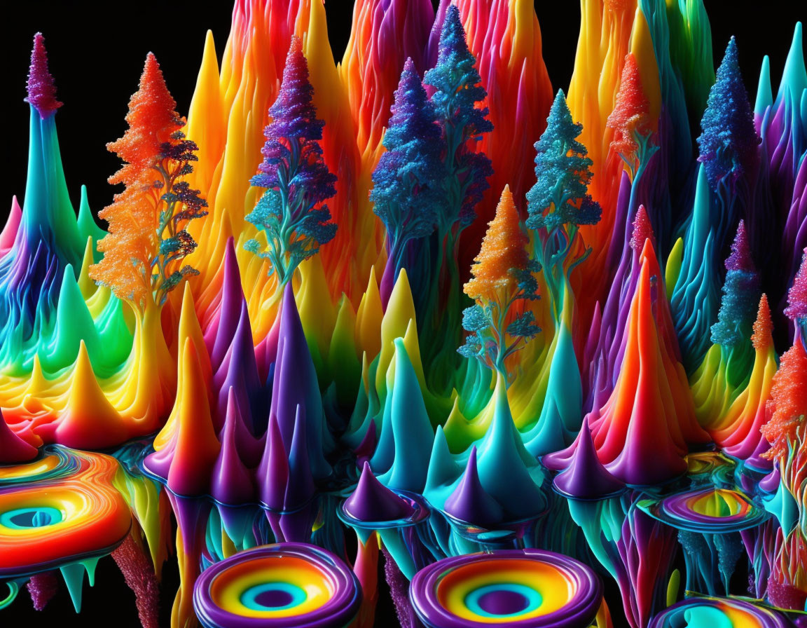 Colorful Psychedelic Landscape with Melting Tree-like Structures