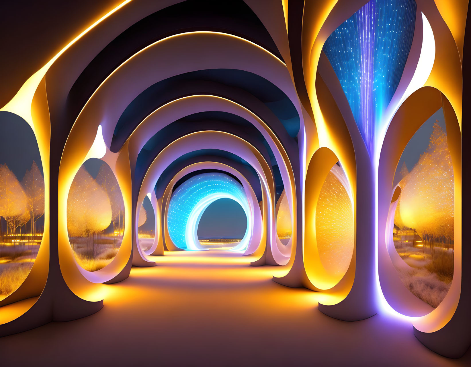 Organic-shaped tunnel with warm and cool lighting, trees in twilight ambiance