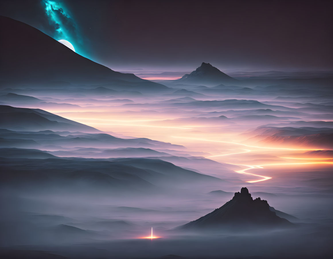 Ethereal landscape: Misty mountains, luminous path, green celestial sky