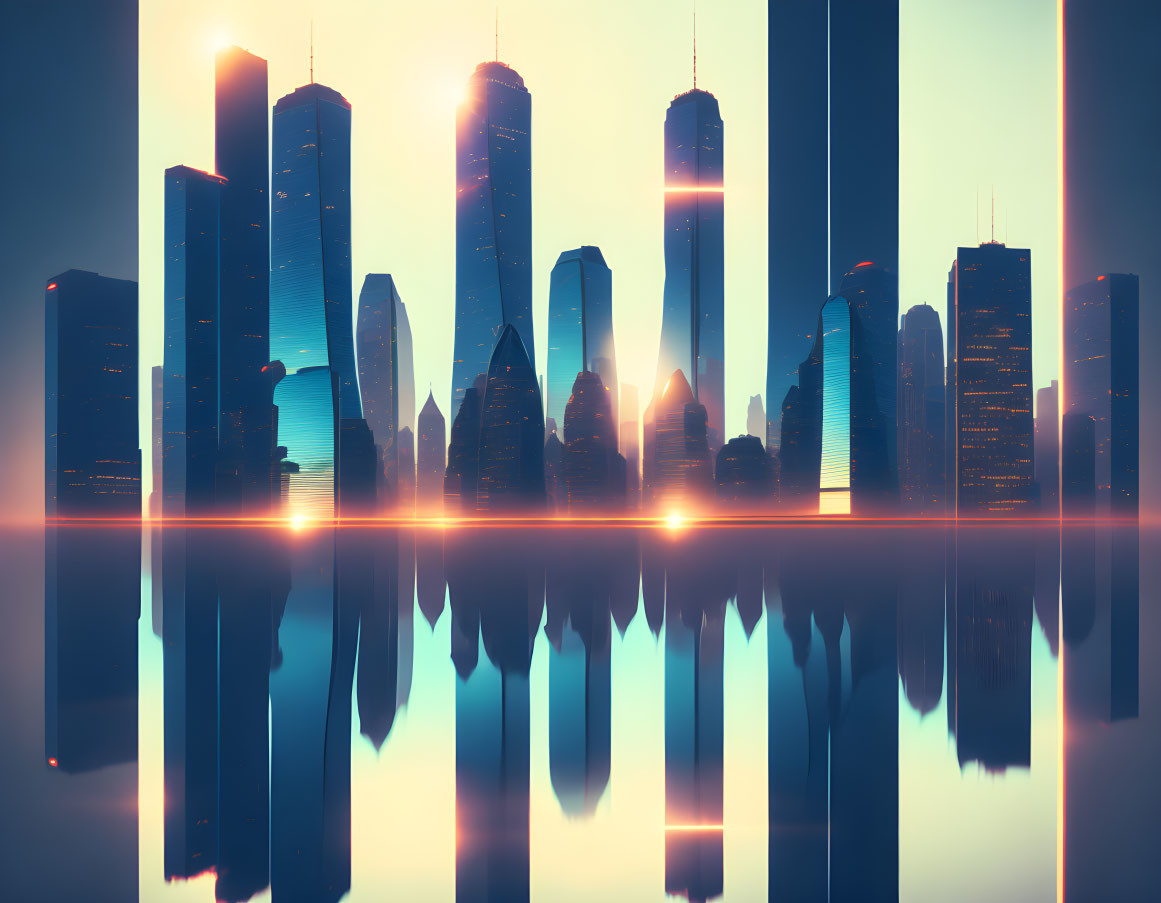 Futuristic cityscape with skyscrapers reflecting on water under warm-toned sky