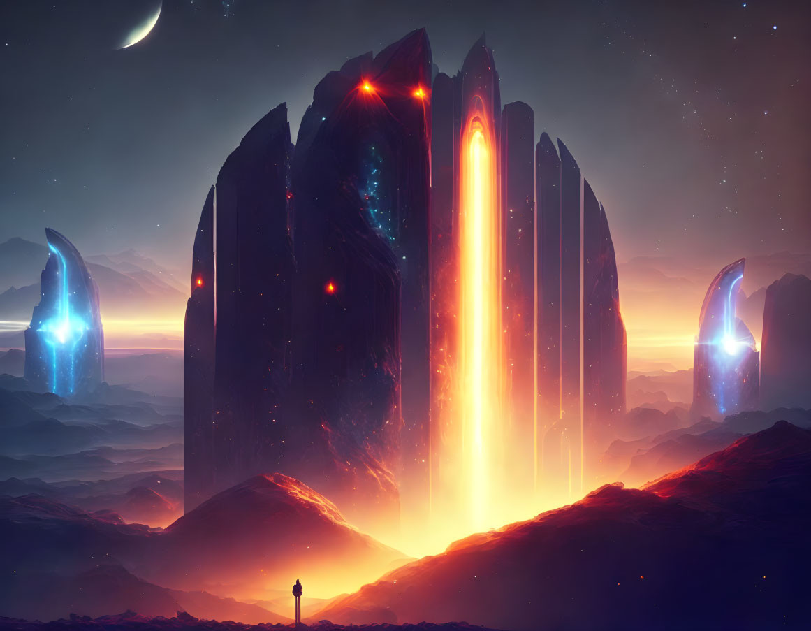 Mysterious figure in surreal landscape with glowing monoliths