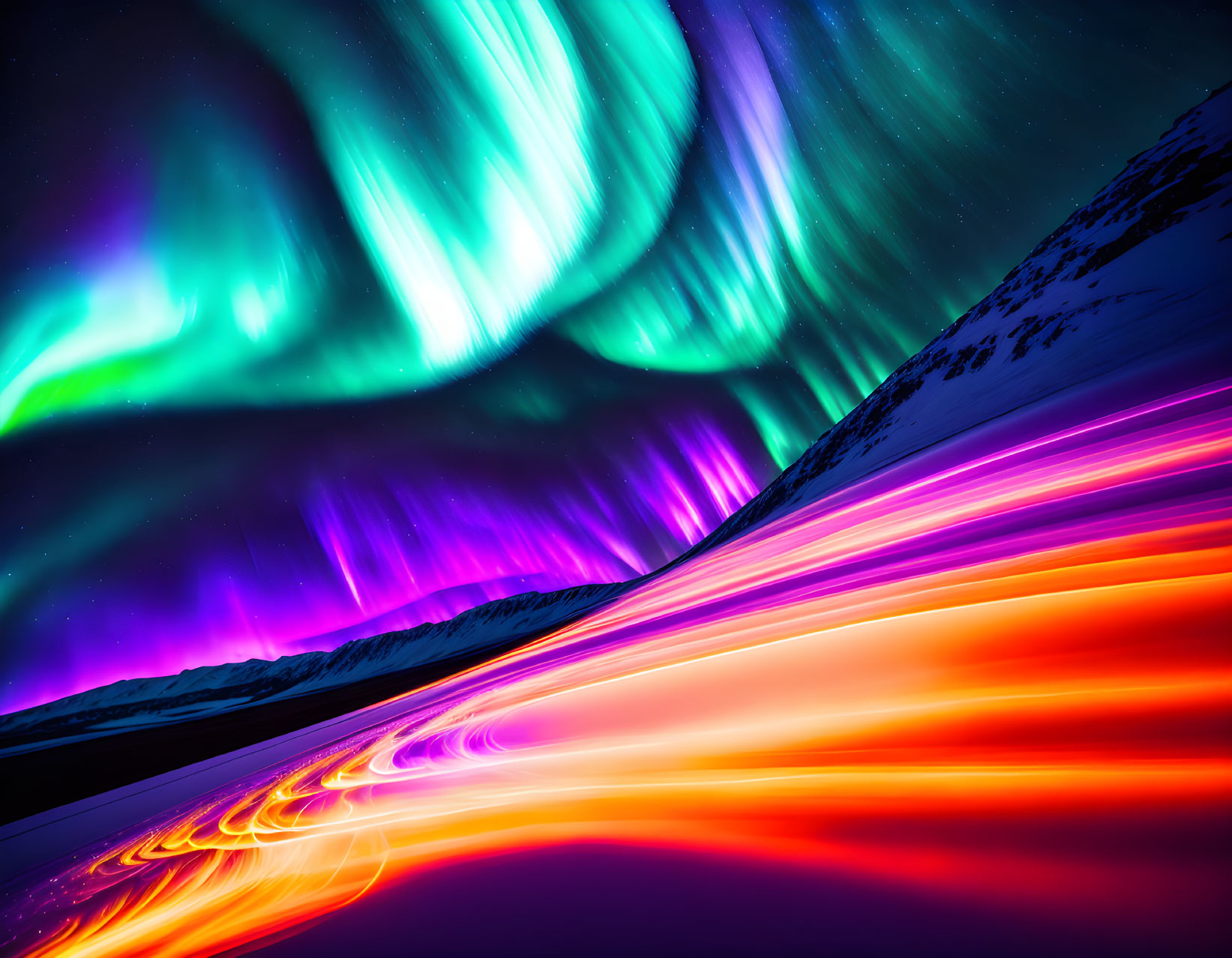 Colorful digital artwork of Northern Lights over neon-lit mountain landscape