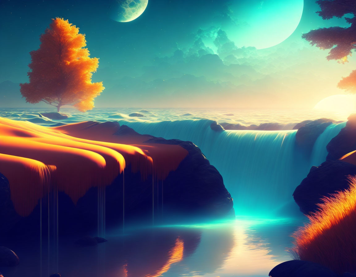 Fantasy landscape with orange waterfall, autumn tree, and twilight moons