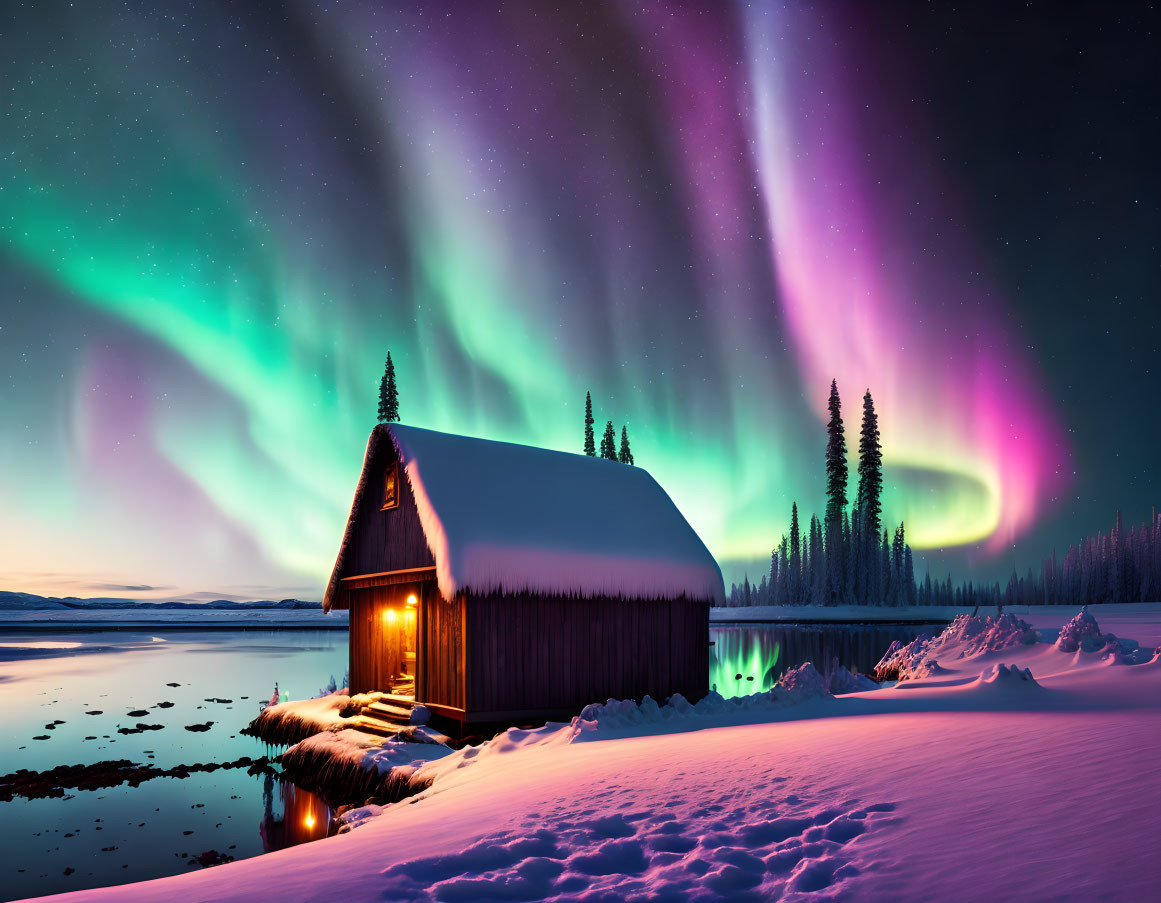 Snowy Winter Landscape: Cozy Cabin by Frozen Lake and Aurora Borealis