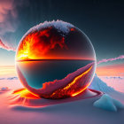 Surreal scene: reflective sphere, lava, ice, dramatic sky