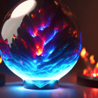 Vivid Blue and Purple Glass Orb on Stand Backlit by Orange Lights