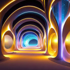 Organic-shaped tunnel with warm and cool lighting, trees in twilight ambiance