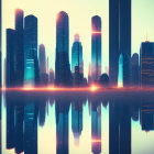 Futuristic cityscape with skyscrapers reflecting on water under warm-toned sky