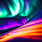 Colorful digital artwork of Northern Lights over neon-lit mountain landscape